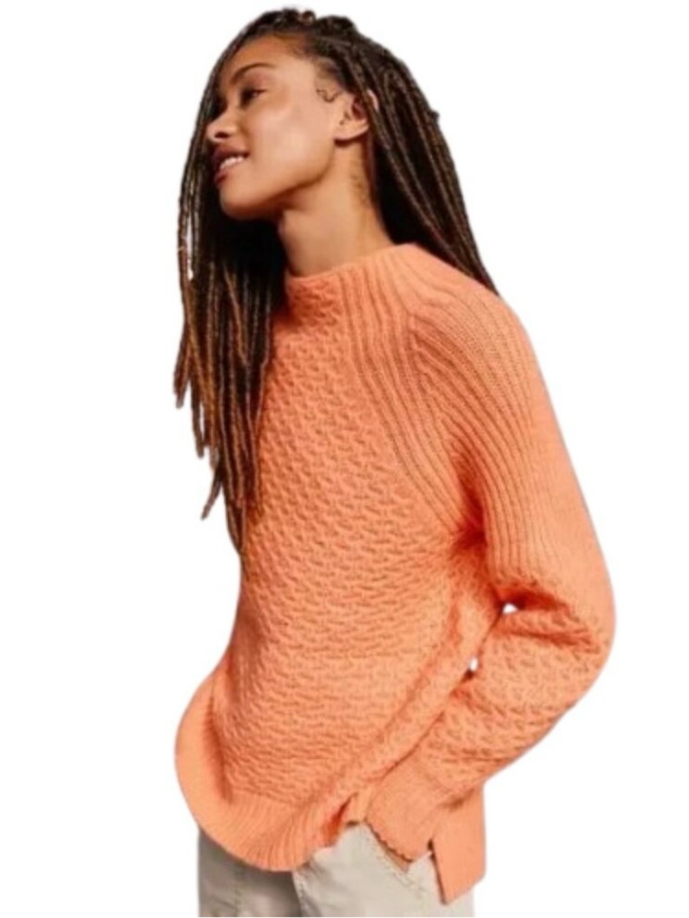 Anthropologie Orange Pullover Bia Mock Neck Tunic Cable Knit Sweater
